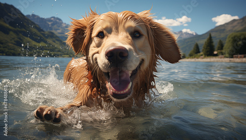 Cute puppy playing in water, enjoying summer fun outdoors generated by AI © Stockgiu