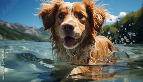 Cute puppy playing in water, enjoying summer outdoors generated by AI