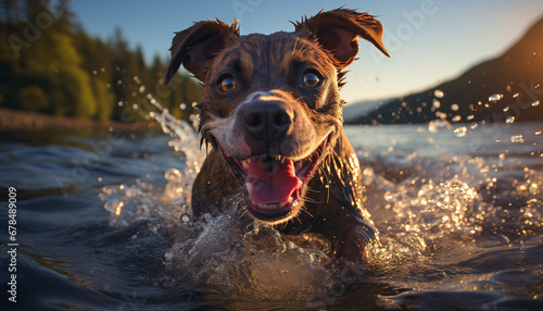 Cute puppy playing in water, enjoying summer fun outdoors generated by AI