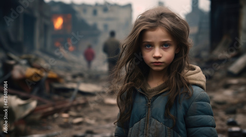 Fototapeta Naklejka Na Ścianę i Meble -  Portrait of a little girl against the backdrop of a bombed city