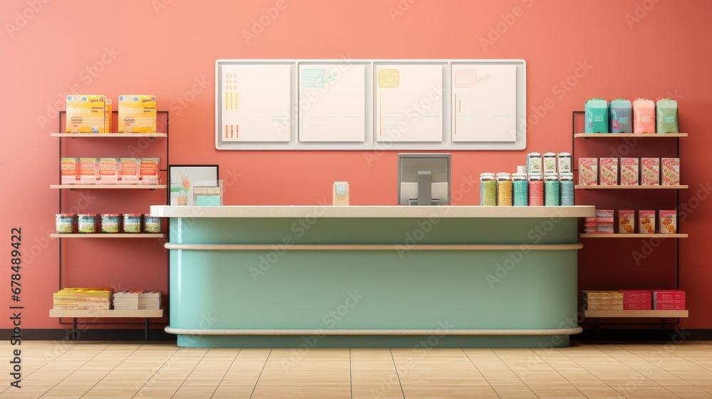 Front cash register desk featuring enticing food and snack displays, creating a visually