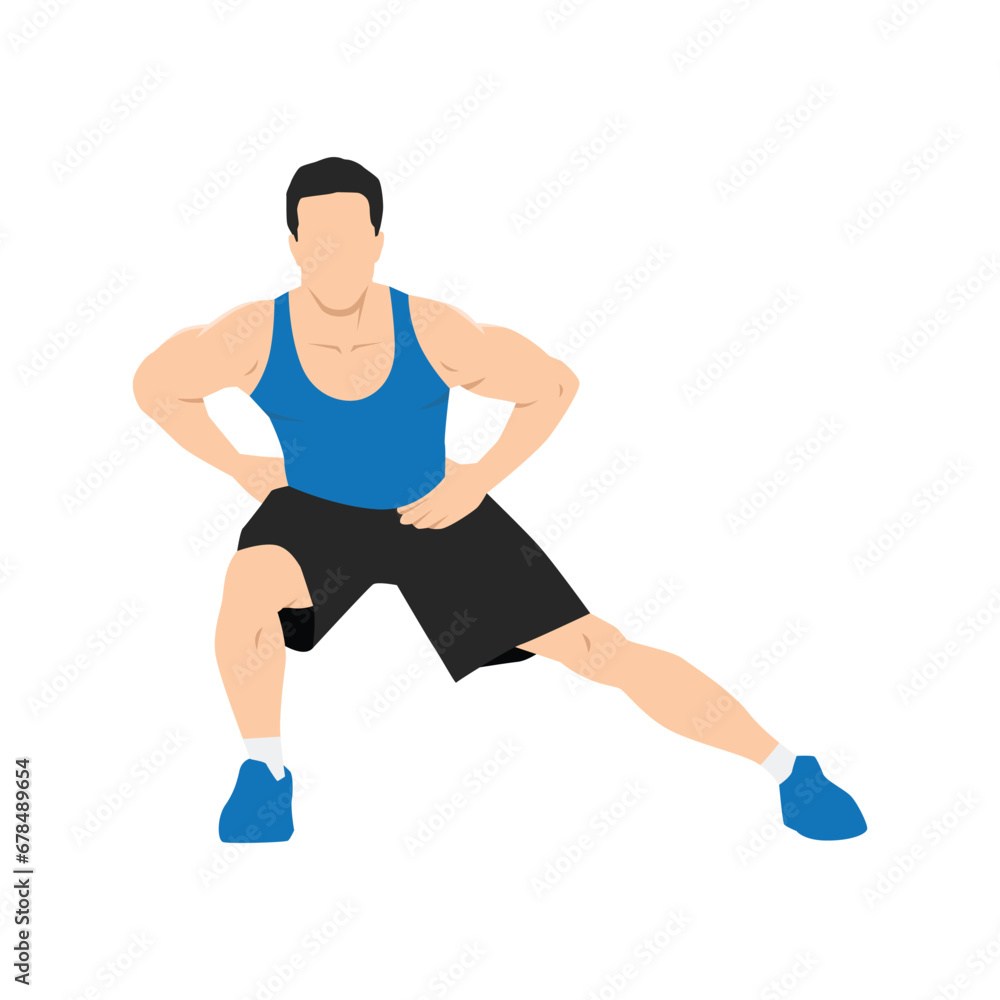 Man doing standing adductor or adduction stretch exercise. Flat vector illustration isolated on white background Man doing standing adductor or adduction stretch exercise. Flat vector illustration isolated on white background