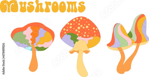 Groovy hippie 70s mushrooms: fly agaric. Cartoon funny retro style. 