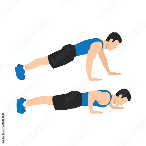 Man doing staggered hand push up exercise. Flat vector illustration isolated on white background