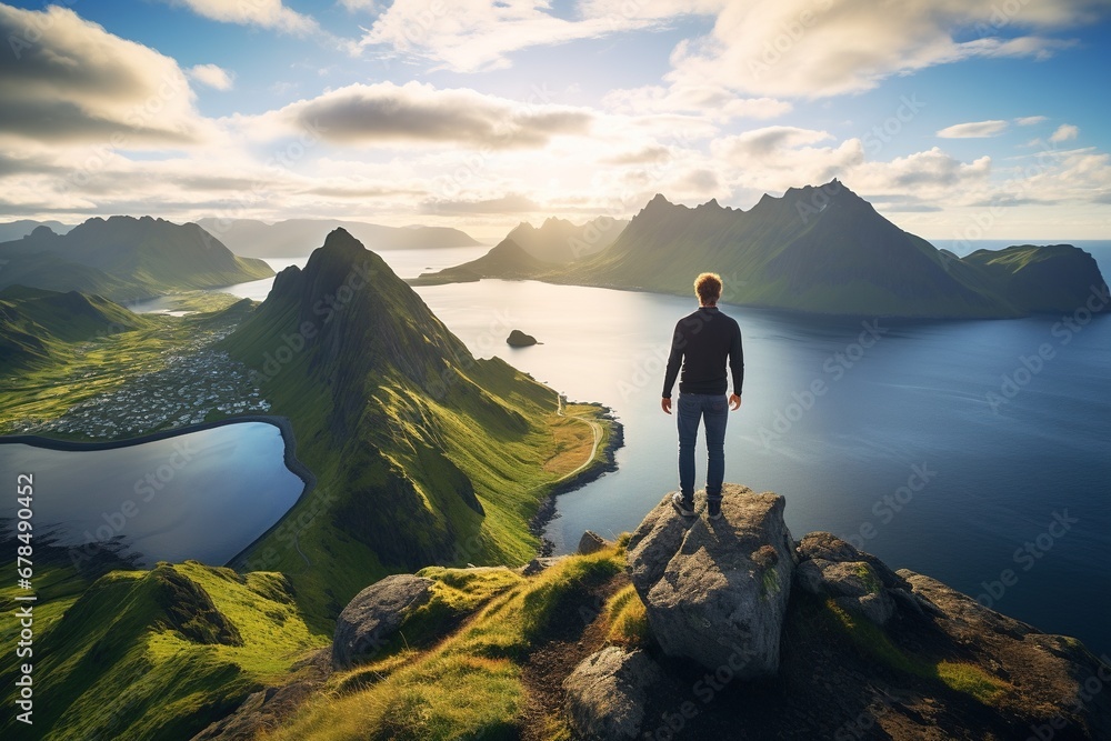 Fototapeta premium Man standing on the top of a mountain and enjoying the view