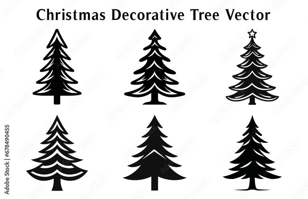 Obraz premium Christmas tree Vector illustration Bundle, Christmas Decorative tree silhouette Outline Clipart Bundle