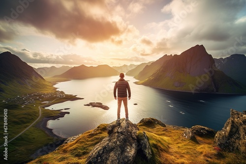 Man standing on the top of a mountain and enjoying the view