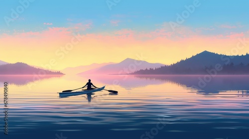 Silhouette of a kayak with a paddler at sunset on a beautiful lake.  Active recreation, travel.