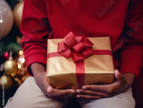 A partial photo of a child holding a Christmas present