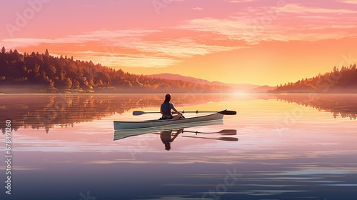 Silhouette of a kayak with a paddler at sunset on a beautiful lake.  Active recreation, travel.