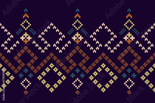 Purple cross stitch traditional ethnic pattern paisley flower Ikat background abstract Aztec African Indonesian Indian seamless pattern for fabric print cloth dress carpet curtains and sarong