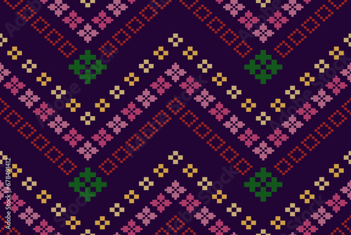 Purple cross stitch traditional ethnic pattern paisley flower Ikat background abstract Aztec African Indonesian Indian seamless pattern for fabric print cloth dress carpet curtains and sarong