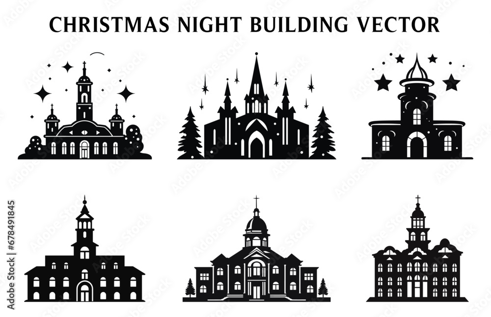 Night Christmas Building Silhouettes, Set of Night View of Christmas Building Vector