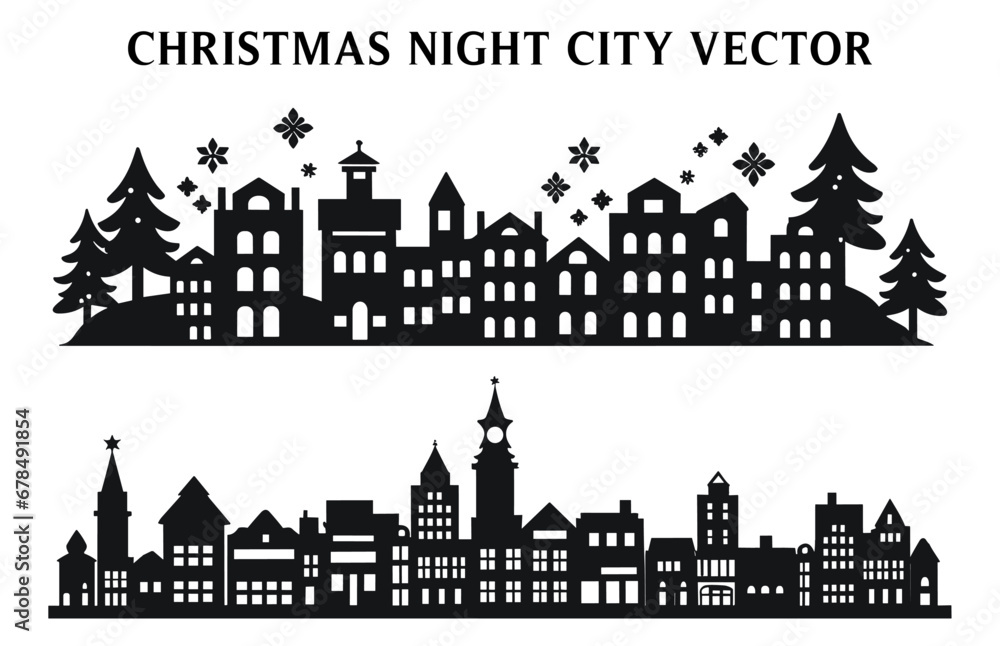 Night Christmas Building Silhouettes, Set of Night View of Christmas Building Vector