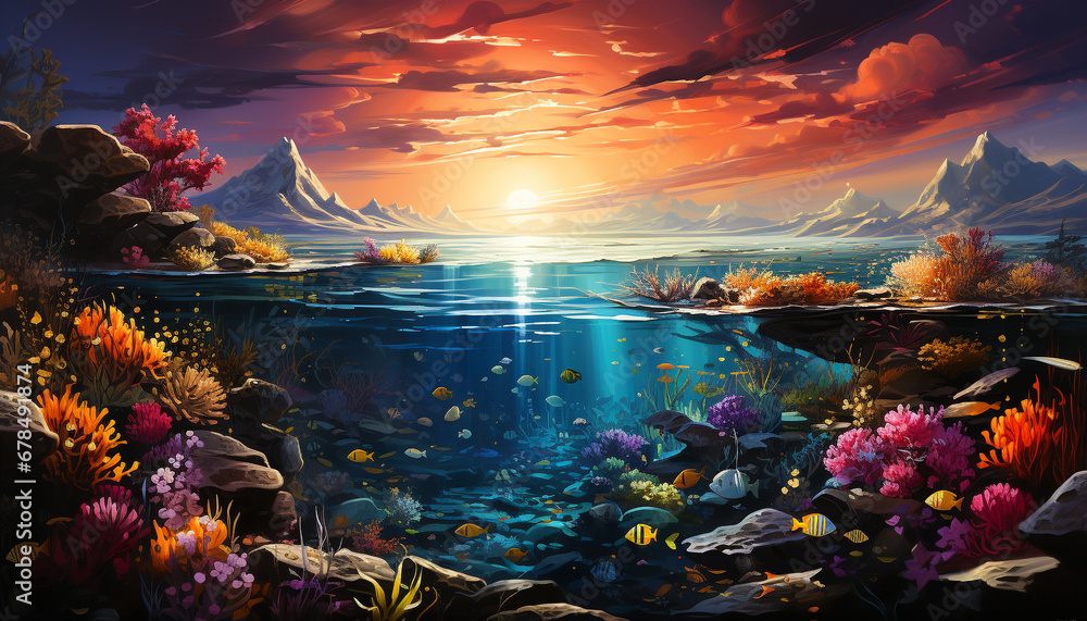 Underwater landscape colorful fish swim in coral reef paradise generated by AI - obrazy, fototapety, plakaty 