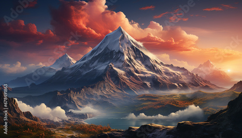 Majestic mountain peak reflects tranquil sunset in nature beauty generated by AI