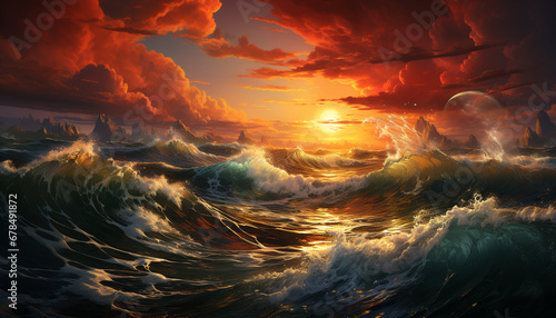 Dramatic sky, sunset, wave, water, coastline, horizon over water generated by AI