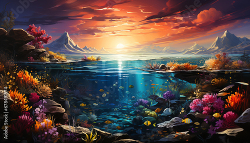 Underwater landscape colorful fish swim in coral reef paradise generated by AI photo