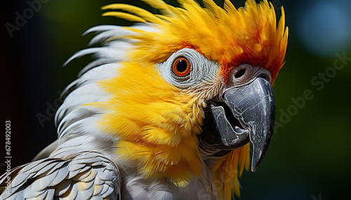 Cute macaw perching on branch, looking at camera in rainforest generated by AI