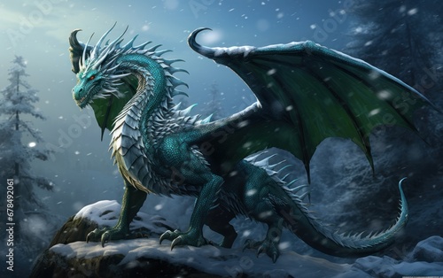 Green dragon in mountains in winter, fantasy art symbol of the New Year 2024, AI © Vitalii But