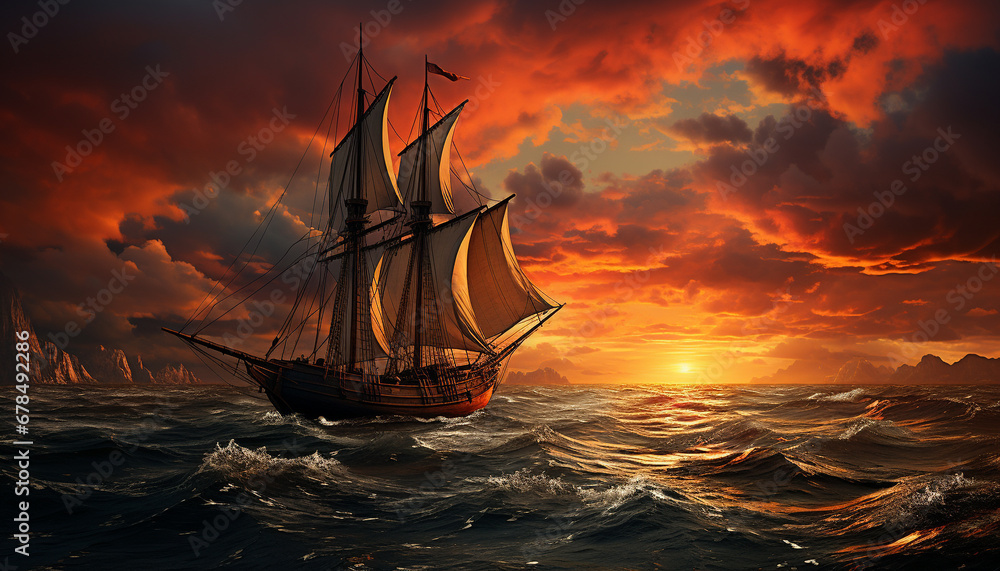 Obraz premium Sailing ship sails on sunset waves, adventure in nature generated by AI