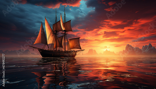 Sailing ship sails at sunset, reflecting on calm water generated by AI