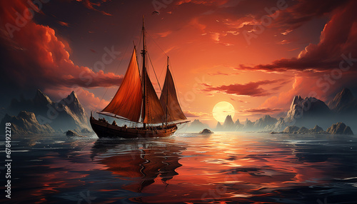 Sailing ship glides on water, sunset paints nature beauty generated by AI © Stockgiu