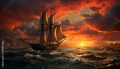 Photographie Sailing ship sails on sunset waves, adventure in nature generated by AI