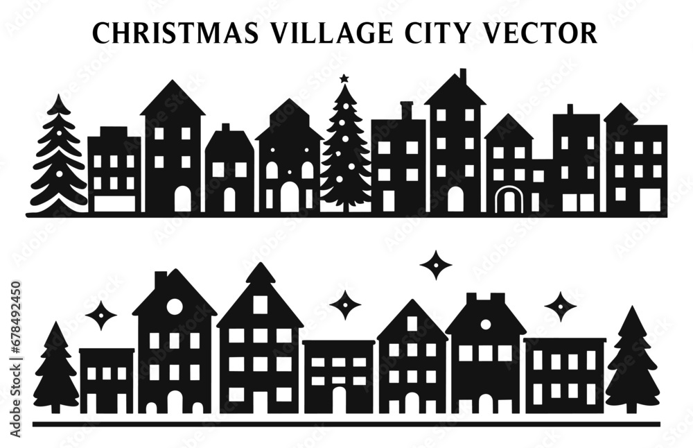 Christmas Village City Building Silhouettes, Christmas Village City house Vector