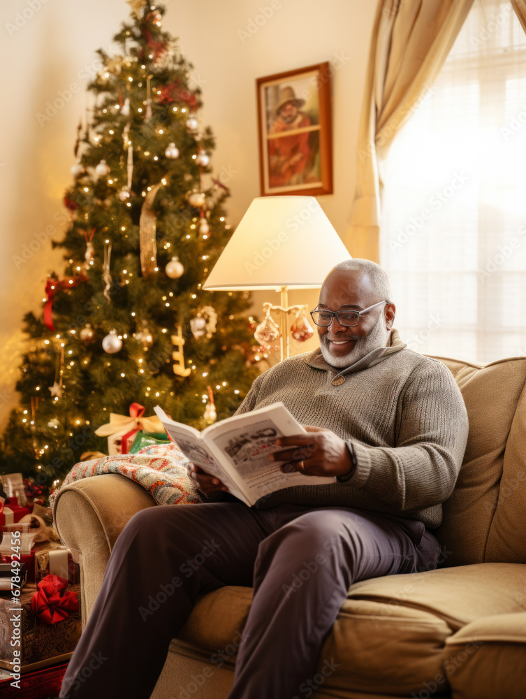 An old man was sitting on the sofa reading a book on Christmas Day