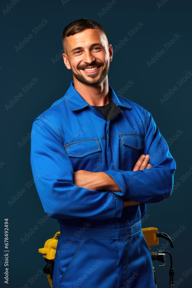 Fototapeta premium Smiling auto mechanic on a simple bright color background