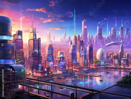 Futuristic cityscape featuring advanced buildings, creating a visionary urban environment with sleek and innovative architectural designs.