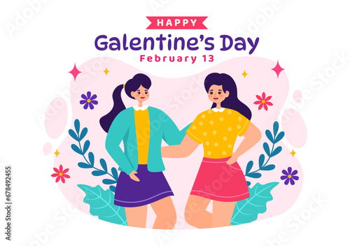 Happy Galentine's Day Vector Illustration on February 13th with Celebrating Women Friendship for Their Freedom in Flat Cartoon Background Design