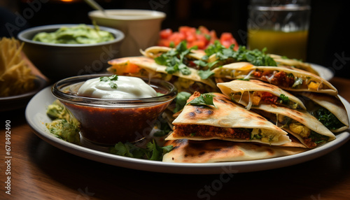 Gourmet Mexican meal guacamole, taco, meat, tortilla, freshness, cilantro generated by AI