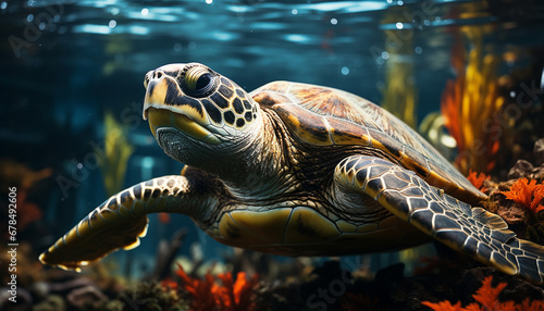 A cute turtle swimming in the blue sea generated by AI © Stockgiu
