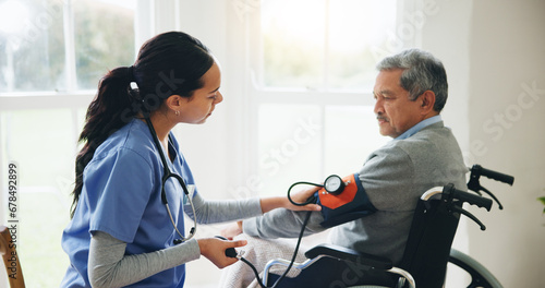 Man, caregiver and senior in wheelchair for blood pressure, monitoring or elderly care at old age home. doctor or medical nurse checking BPM of mature patient or person with a disability at house