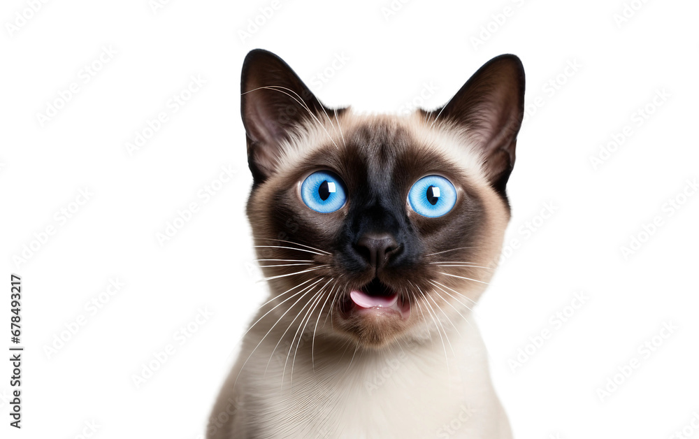 Portrait Curious and Playful Siamese Cat is Shocking With Cute Blue Eyes Isolated on Transparent Background PNG.