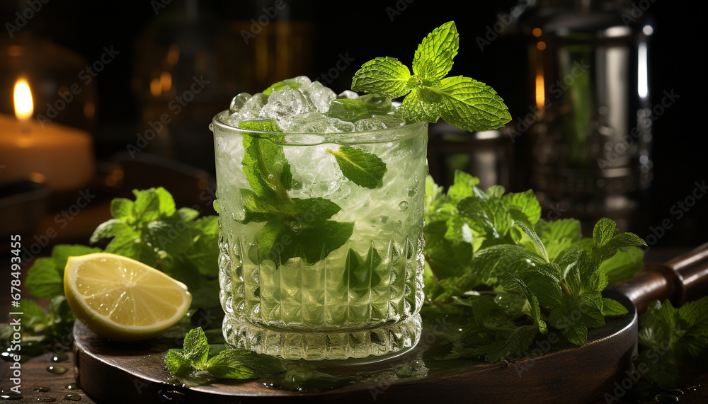 Refreshing mojito cocktail with mint leaf and citrus fruit generated by AI Refreshing mojito cocktail with mint leaf and citrus fruit generated by AI