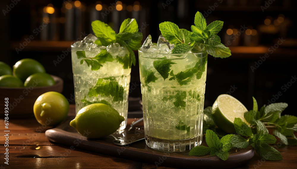 Refreshing mojito cocktail with lime, mint leaf, and citrus fruit generated by AI Refreshing mojito cocktail with lime, mint leaf, and citrus fruit generated by AI