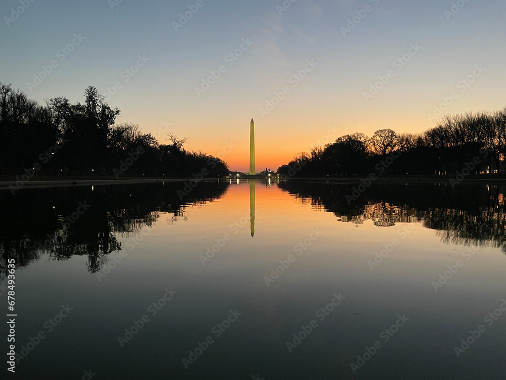 Sunrise behind the Washington Monument in Washington D.C.
