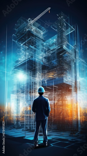 Image capturing a construction worker in a hard hat, set against a faded collage backdrop of industrial tools, construction equipment, and job sites, conveying the essence of the construction industry