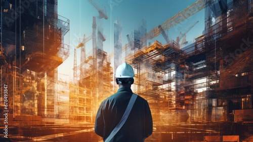 Image capturing a construction worker in a hard hat  set against a faded collage backdrop of industrial tools  construction equipment  and job sites  conveying the essence of the construction industry