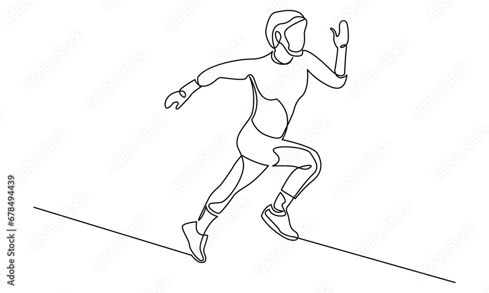 single continuous line drawing of a young woman athlete running fast.Sport running woman concept of sports, fitness, athletics, running, jogging, gym, fast run, speed, human. Vector illustration.