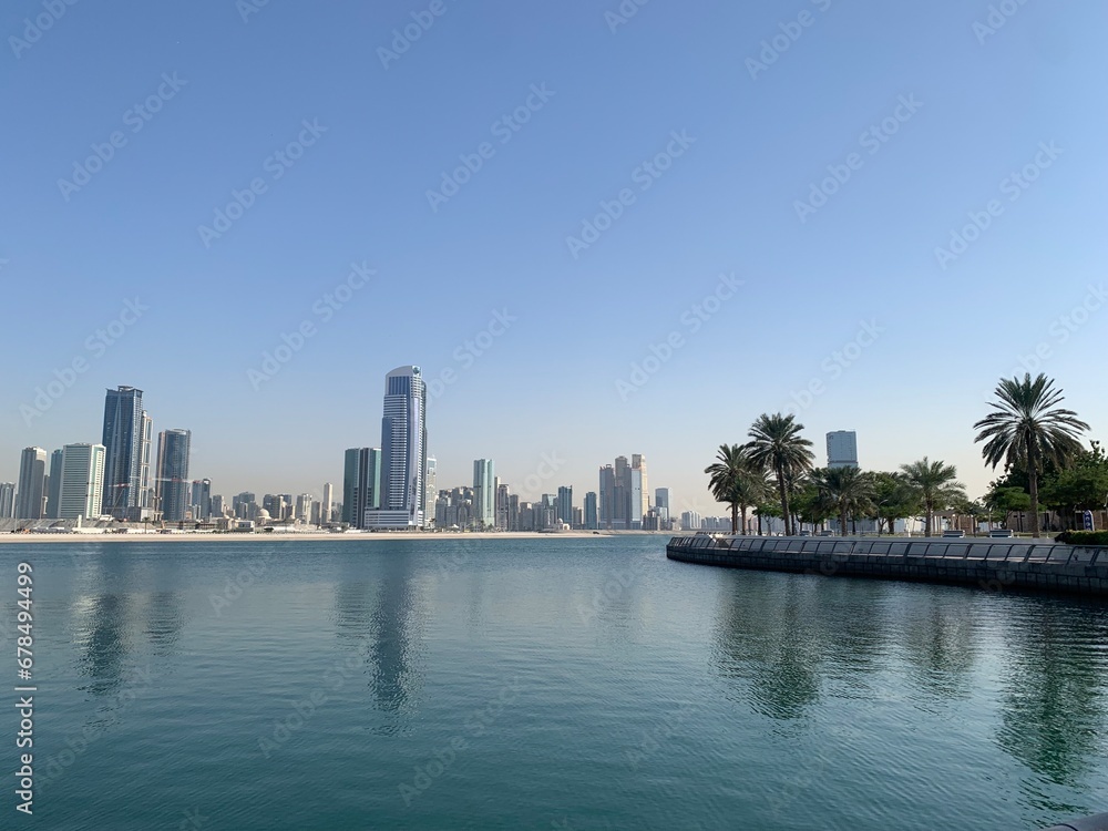 View of the Sharjah skyline taken from Al Mamzar beach in Dubai, United Arab Emirates