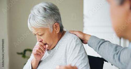 Senior, woman and cough sick support or husband hug in home for concern, empathy or winter virus. Old person, man and comfort for bacteria infection or flu disease retirement or allergy, risk in pain photo