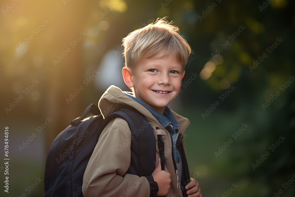 Happy and smiling little boy carrying a backpack going back to school Happy and smiling little boy carrying a backpack going back to school