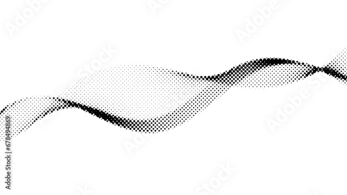 Halftone wave background. Dotted flowing shape wallpaper. Abstract wavy fluid backdrop texture. Black white curved liquid line element for poster, banner, cover, print, card, brochure, flyer. Vector