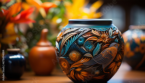An ornate terracotta vase with a floral pattern on a wooden table generated by AI photo