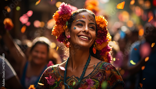 Young women enjoying a traditional festival, smiling with happiness generated by AI