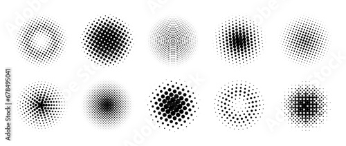 Halftone gradient circles collection. Dots textured round patterns. comic radial faded background set. Abstract pixelated elements for frame, poster, collage, banner, flyer. Vector cartoon bundle